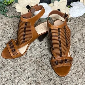 Vince Camuto brown ankle strap sandals with block heel moccasin inspired design
